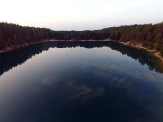 Blue Lake in the Chernigow region, Ukraine.Former quarry of quartz sand for glass production.Popular local resort at present. Drone aerial view