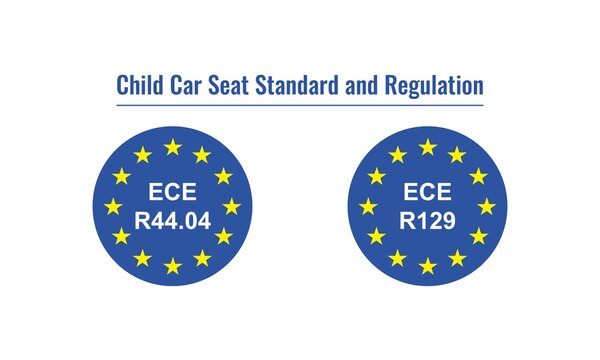 Vector illustration of Child Car Seat Standard ECE R44.04 and R129 sticker design in circular shape