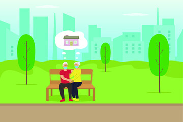 Dream vector concept: Senior couple imagining big house together while sitting on the bench 
