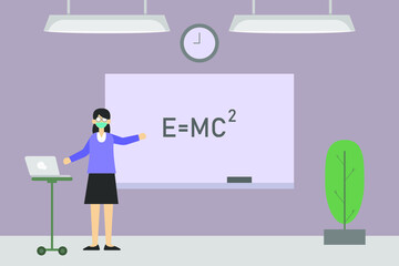 Female teacher in face mask teaching online with laptop computer while explaining physics formula on whiteboard