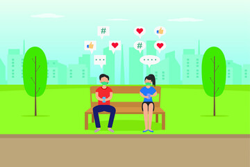 Social media vector concept: Two teenagers chatting online on their smart phone while wearing face mask 