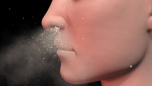Human nose exhaling particles , bioaerosols. Microbes  exiting nasal passage of person. 3d animation render