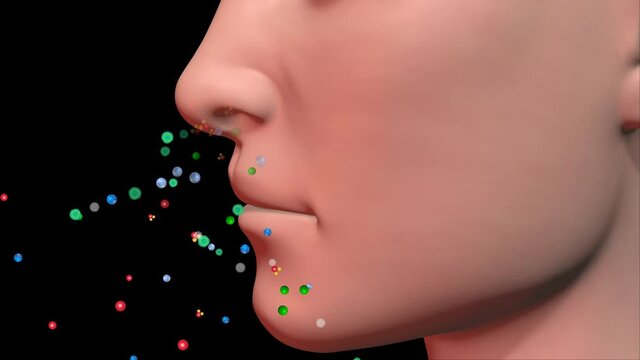 Human nose exhaling colorful particles . Person breathes out, exhales colored dots. 3d animation render