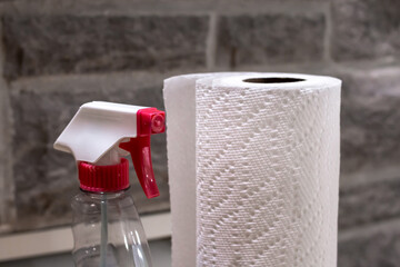 Glass cleaner and a roll of paper towel against brick backdrop, Toronto, Canada.