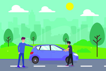 Robbery vector concept: Young man looking at the thief stealing his car while standing near the car