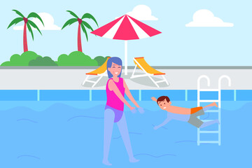 Quality time vector concept: Grandmother teaching swim to her grandson in the pool while enjoying holiday