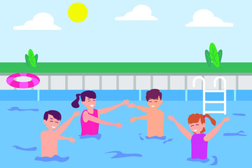 Leisure time vector concept: Group of children playing in the pool together while enjoying leisure time 