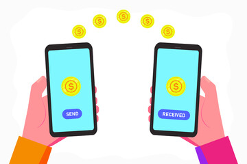 Hand holding mobile phone to transfer money online. Financial vector concept