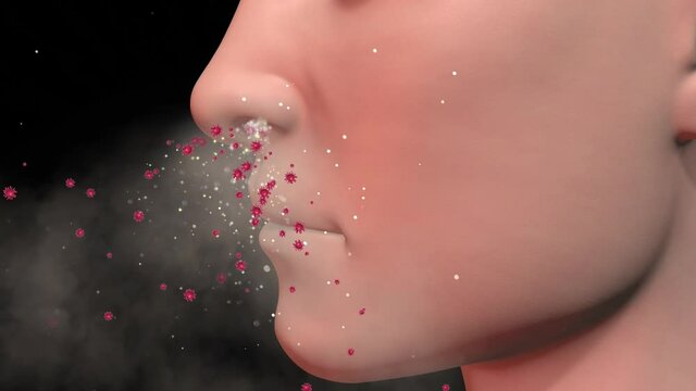 Human nose inhaling particles , bioaerosols , viruses and germs. Microbes  entering nasal passage of person. 3d animation render