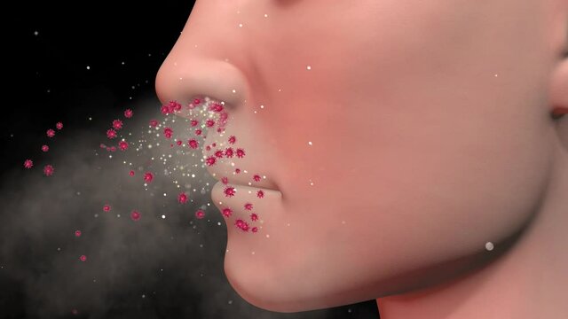 Human nose exhaling particles , bioaerosols , viruses and germs. Microbes  exiting nasal passage of person. 3d animation render