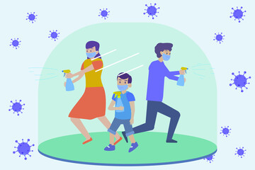 Corona virus vector concept: Young parents and little son attack corona virus with disinfectant together