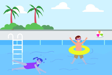 Fototapeta na wymiar Leisure time vector concept: Two little children swimming together in the pool while enjoying leisure time