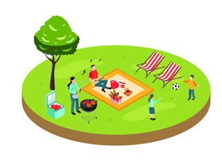 Happy family camping and cooking together in the nature during summertime. Isometric vector concept