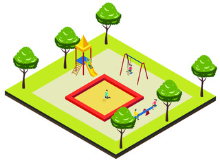 Children wearing face mask and playing in the park at playground. Isometric vector concept