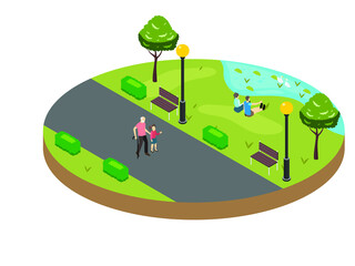 Happy grandfather and his granddaughter walking together at the park. Isometric vector concept