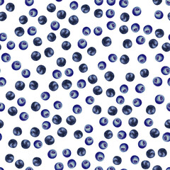 Seamless pattern with ripe blueberries on white isolated background. Watercolor illustration