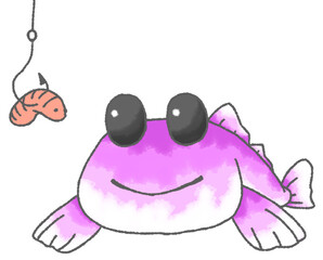 釣り針と餌を見つめるデフォルメしたハゼ（紫色）