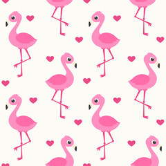 Seamless pattern cute cartoon flamingos with hearts
