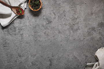Top view of food ingredients on grey concrete