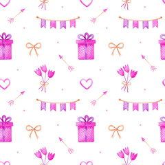 Valentine's day watercolor seamless pattern with pink flowers, gifts, bows, garlands and arrows. Festive romantic design. Perfect for wrapping paper, cards, covers, textile, prints, decor.