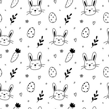 Easter seamless pattern. Сute bunnies, festive Easter eggs, carrots, spring twigs and flowers. Vector hand-drawn illustration in doodle style. Perfect for wrapping paper, packaging, prints, dесor.