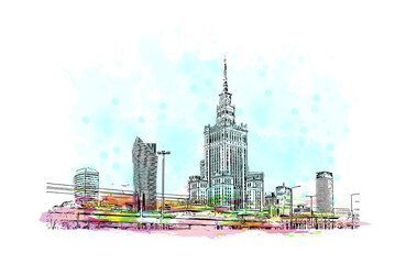 Building view with landmark of Poland is the
country in Europe. Watercolor splash with hand drawn sketch illustration in vector.