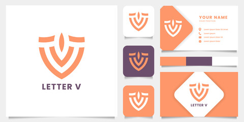 Simple and minimalist shield letter v with business card, icon, and color palette
