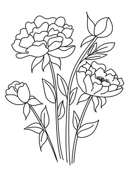 Bouquet of spring flowers isolated on white background. Outline drawing, line art, coloring book.