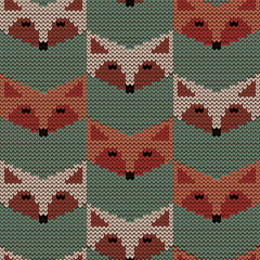 Abstract seamless retro pattern of fox and wolf in line. Knitting on green background. The pattern imitates knitting. Vector illustration.