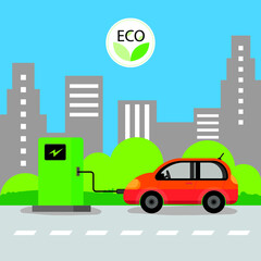 Eco friendly fuel concept. Electric car charging station. EV recharging point or EVSE.