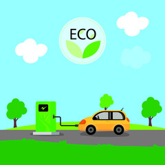 Eco friendly fuel concept. Electric car charging station. EV recharging point or EVSE.