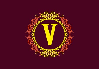 Yellow orange of V initial letter in vintage circle frame