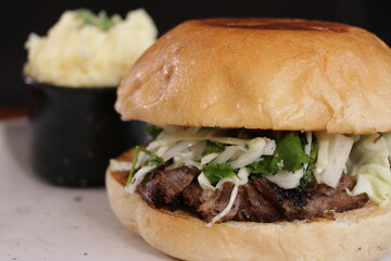 pork burger with mashed potatoes