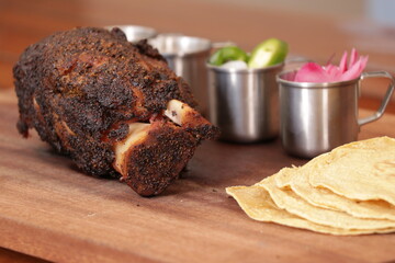 smoked pork with tortillas chili and onions