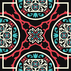 contemporary ethnic asian floral and leaves pattern on black