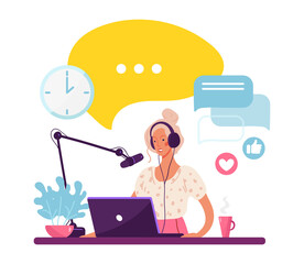 Girl student in headphones with a microphone and laptop records a podcast in the studio. Happy woman is broadcasting on radio or training webinar. Flat vector illustration isolated on white background