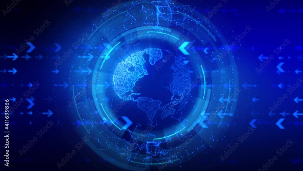 Poster global spinning with data transfer arrow and random digit number for communication concept, the eart