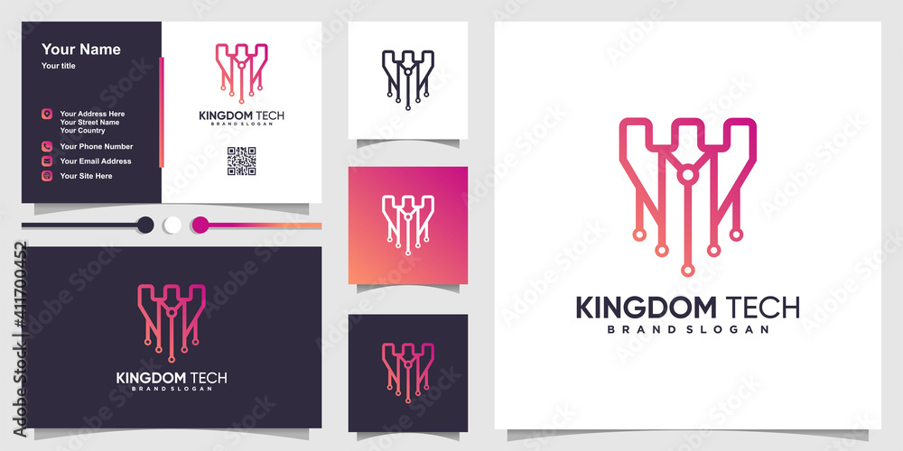 Poster kingdom tech logo with creative line art style and business card design premium vector