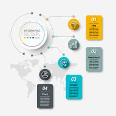 Circle organization design 4 work steps apply to work on analysis, planning, education and reporting. vector infographic.