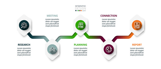 Hexagon timeline explaining the work process, planning and presenting new ideas. vector infographic.