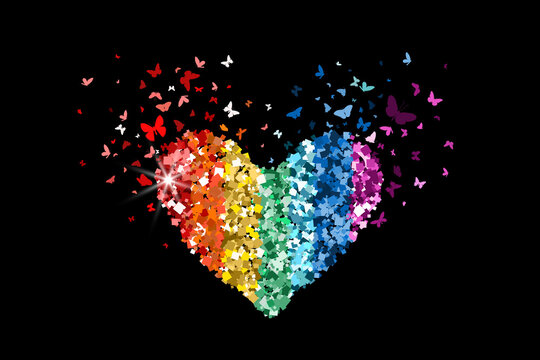 Heart glitter rainbow colors icon with glitter glow confetti butterflies on black background. For Valentine day, kid's design, wedding invitations, branding, logo, or LGBT symbol. Vector illustration