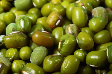 Close-up of mung beans with white isolated background