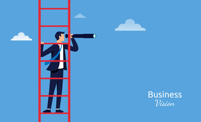 Businessman standing on ladder with telescope. Business vision vector illustration © Diki