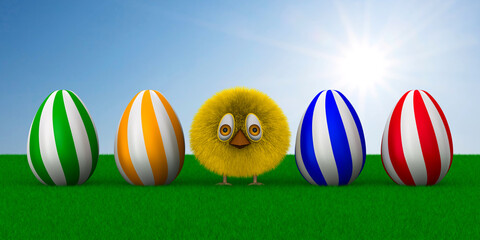 furry chicken and eggs on sky background. 3D illustration