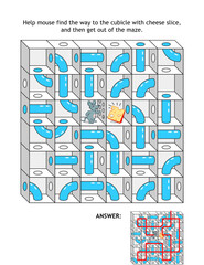 Maze with cheese and mouse, or rat: Help mouse find the way to the cubicle with cheese slice, and then get out of the maze. Answer included.	
