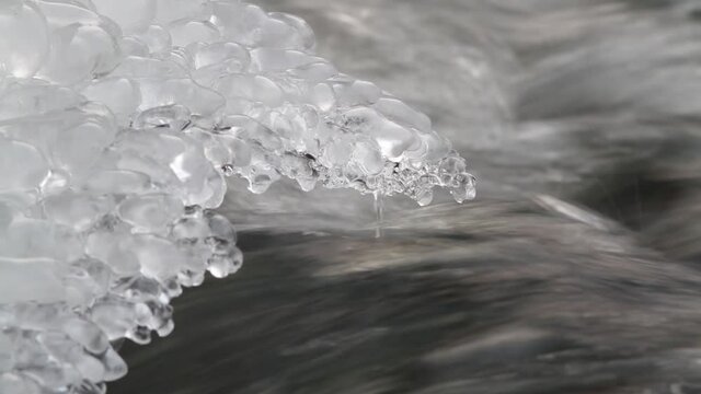 river water flows quickly next to the ice floe, splashes fall on the ice and freeze
