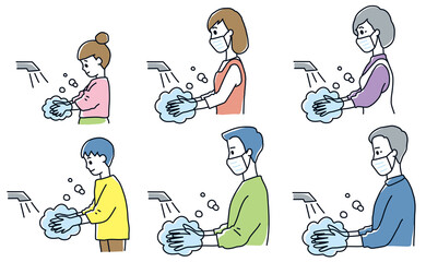 Obraz premium 手洗い 除菌 家族 感染症 ウイルス 対策 予防 健康 清潔 セット