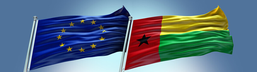 Fototapeta na wymiar European Union Flag and Guinea-Bissau flag waving with texture and Blue Sky Double flag