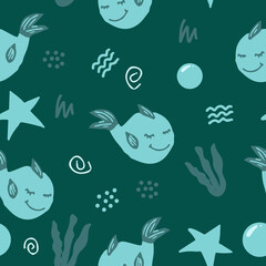 cute fish whale vector seamless pattern with seaweed, stars, doodles. hand drawn. illustration for childrens wallpaper, wrapping paper, textiles. blue, green. marine animal, sea.