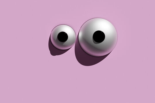 3d illustration of two funny different sized eyes on a purple isolated background. Cheerful funny cartoon eyes concept